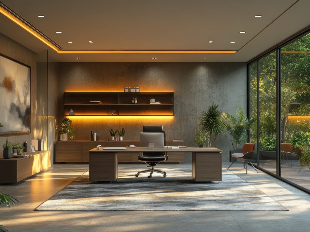 Modern luxury home office with large window, plants, and warm lighting.